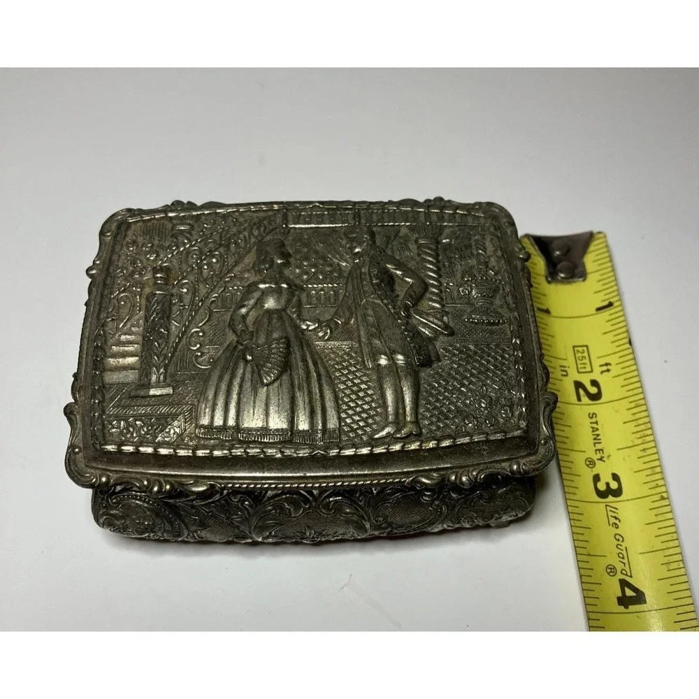 Vintage Japan Ornate Silver Tone Jewelry Trinket Box Victorian Courting Velvet